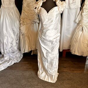 Alfred Angelo Ivory Satin Ruched Sheath Gown with Statement Puff Sleeves